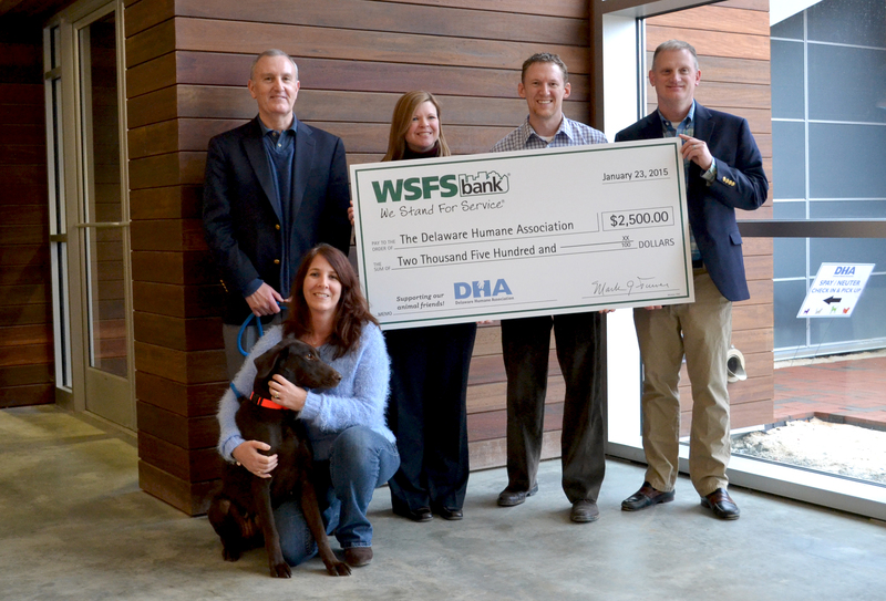 WSFS Bank donated $2,500 to the Delaware Humane Association to help it further its mission to act as a voice for companion animals. Shown are (l-r) Debra Radcliff, DHA director of operations with pet Suzy; Rick Wright, WSFS chief retail banking officer; Stephanie Heist, WSFS director of communications; Greg Munson, DHA director of development; and Patrick Carroll, DHA executive director. SOURCE SUBMITTED